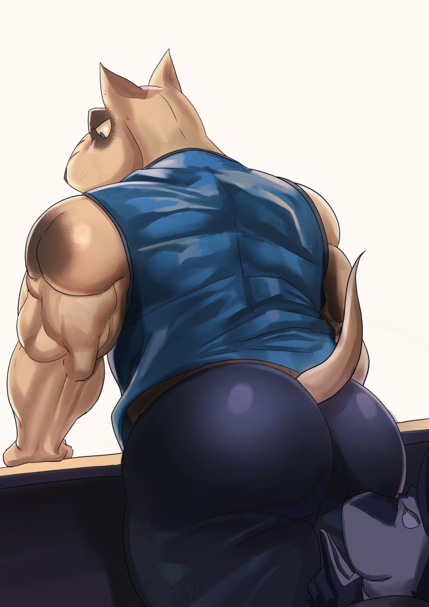 anthro big_butt black_nose blue_body blue_fur blue_pupils bottomwear bull_terrier butt canid canine canis clothed clothing domestic_dog duo fur furgonomics goldlightyou hi_res humanoid_hands hunting_dog male mammal markings muscular muscular_anthro muscular_male pants prank pupils raised_tail rear_view shirt simple_background sleeveless_shirt smile spots spotted_markings terrier topwear unaware white_background