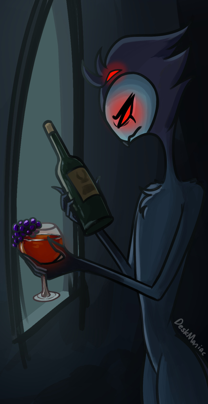 absurd_res alcohol animal_humanoid anthro avian avian_demon avian_humanoid beverage bird bird_humanoid black_hands blue_body chest_tuft container cup dark dark_theme demon demon_humanoid deskmaniac digital_drawing_(artwork) digital_media_(artwork) drinking_glass feathers food frown fruit glass glass_container glass_cup glowing glowing_eyes grape helluva_boss hi_res holding_object humanoid looking_at_object looking_down male multi_eye multicolored_body nude owl owl_demon owl_humanoid plant portrait red_eyes sad shaded signature solo standing stolas_(helluva_boss) three-quarter_portrait tuft window wine wine_bottle wine_glass