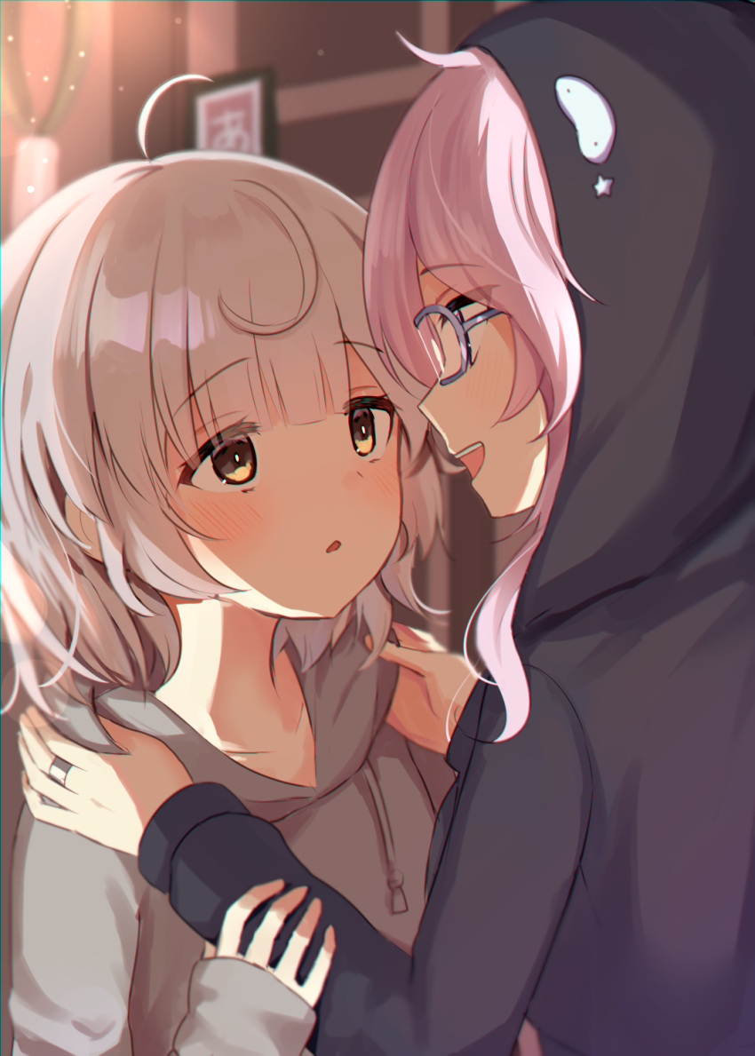 2girls ahoge bangs blue_hoodie blunt_bangs blurry blurry_background blush brown_background drawstring eyes_visible_through_hair glasses grey_hair grey_hoodie hands_on_another's_arms hands_on_another's_shoulders highres hood hood_down hood_up hoodie jewelry kazari_jun looking_at_another magia_record:_mahou_shoujo_madoka_magica_gaiden mahou_shoujo_madoka_magica miwa_mitsune multiple_girls open_mouth orange_eyes parted_lips pink_eyes pink_hair ring short_hair star_(symbol) suzugahama swept_bangs upper_body wavy_hair