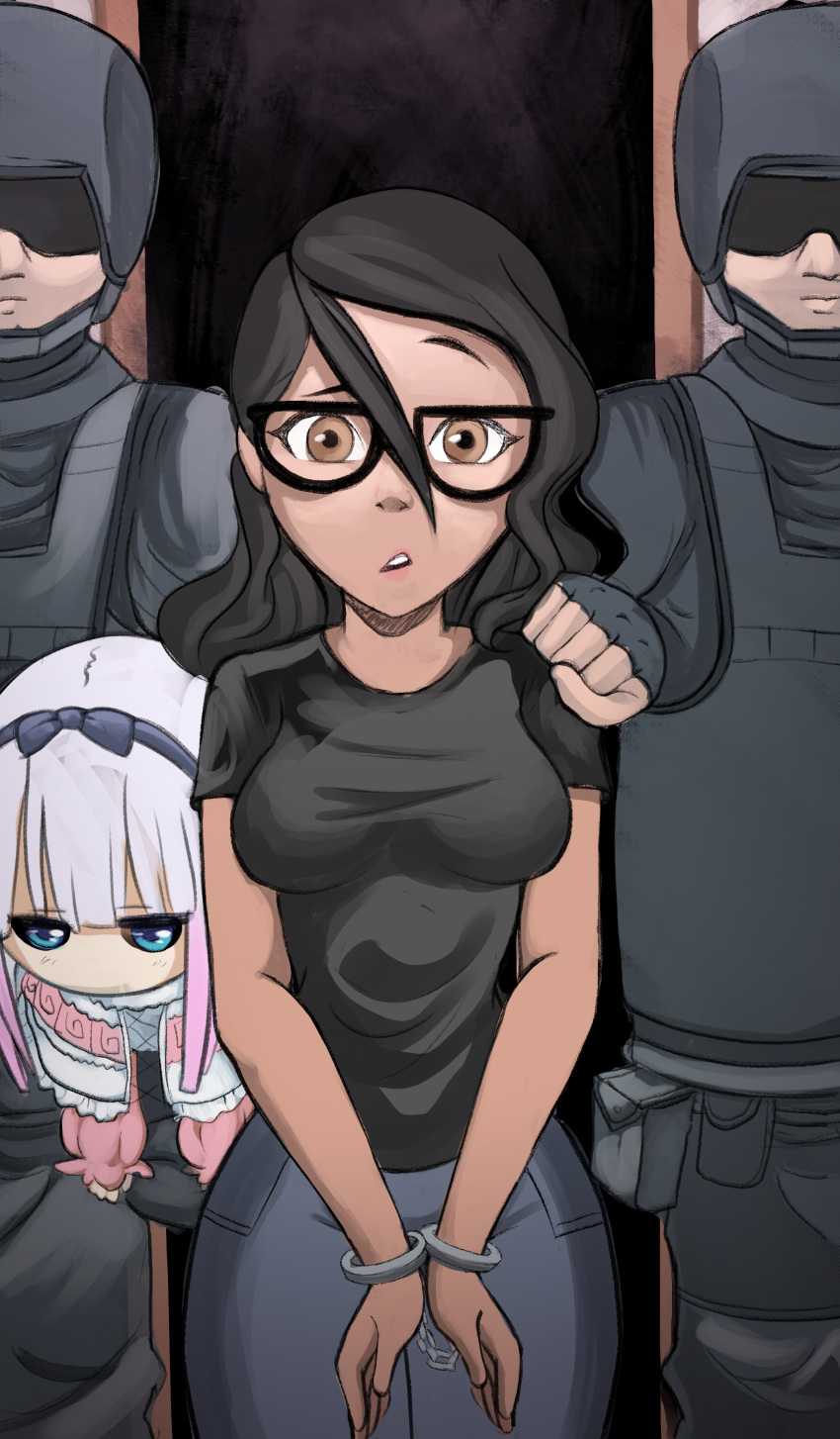 2boys 2girls absurdres arrest black-framed_eyewear black_gloves black_hair black_shirt blue_eyes brown_eyes cowboy_shot cuffs dark-skinned_female dark_skin english_commentary female_child g_reaper glasses gloves gradient_hair hair_between_eyes hand_on_another's_shoulder handcuffs highres kanna_kamui kobayashi-san_chi_no_maidragon laila_(g_reaper) long_hair multicolored_hair multiple_boys multiple_girls original parted_lips pink_hair shirt short_sleeves white_hair