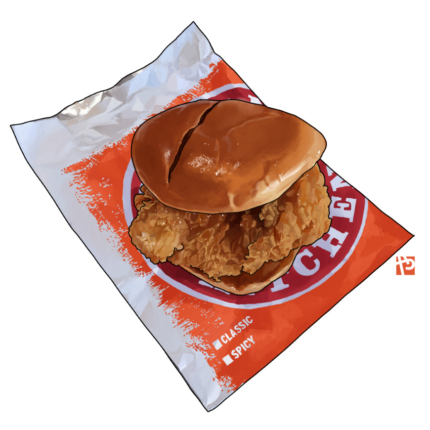 chicken_(food) chicken_sandwich food food_focus food_wrapper fried_chicken no_humans popeyes still_life studiolg watermark white_background