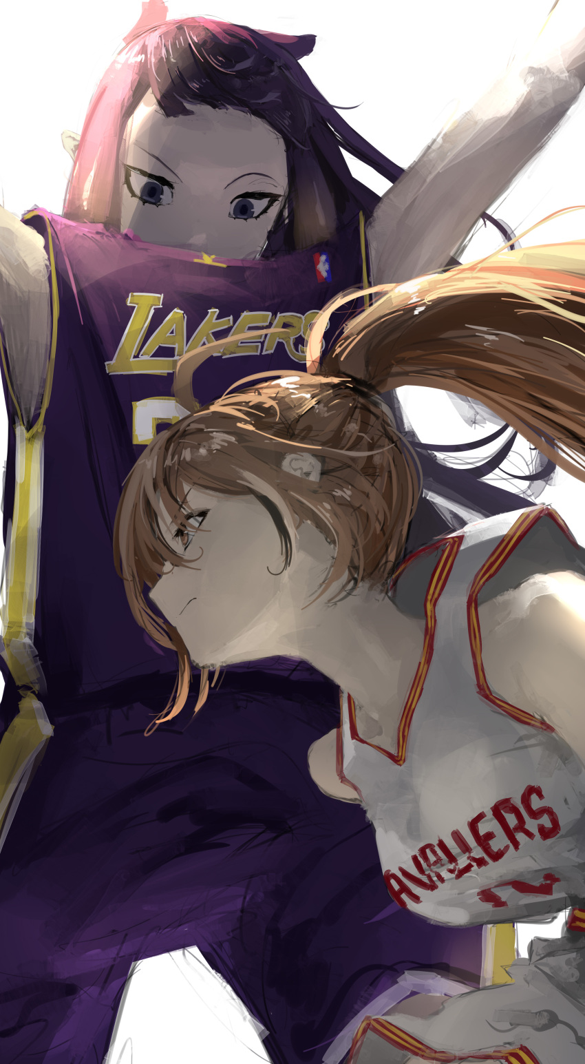2girls absurdres arms_up azura_(azuart0) basketball_jersey basketball_uniform brown_eyes brown_hair cleveland_cavaliers cosplay dribbling_(basketball) english_commentary floating_hair highres hololive hololive_english jersey kobe_bryant kobe_bryant_(cosplay) lebron_james lebron_james_(cosplay) looking_at_another los_angeles_lakers multiple_girls nanashi_mumei ninomae_ina'nis playing_sports ponytail purple_eyes purple_hair purple_shirt purple_shorts shirt shorts sportswear virtual_youtuber white_shirt white_shorts