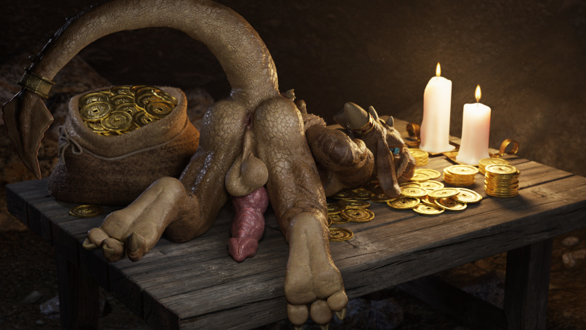 16:9 2022 anthro anus aquafreeze arms_tied ass_up balls bdsm bondage bound butt candle cave claws coin erection feet furniture gag gagged genitals gold_(metal) gold_coin hands_behind_back hi_res kobold looking_at_viewer looking_back male medallion nude paws penis presenting presenting_anus presenting_hindquarters presenting_penis raised_tail reptile restraints ring rope rope_bondage scalie solo table widescreen