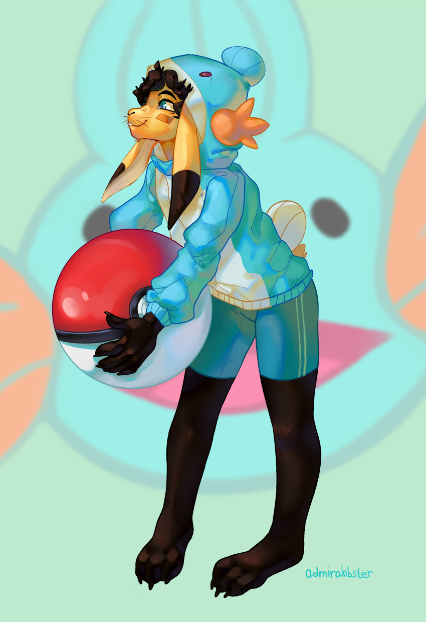 absurd_res admiralobster ambiguous_gender anthro black_body black_ears black_fur black_hair blue_bottomwear blue_clothing blue_eyes blue_hoodie blue_pants blue_topwear bottomwear closed_smile clothed clothing full-length_portrait fur glistening glistening_eyes hair hi_res holding_object holding_pok&eacute;ball hoodie lagomorph leporid mammal mouth_closed nintendo pants pokeball pokemon portrait rabbit short_hair signature solo standing three-quarter_view topwear video_games whiskers white_clothing white_hoodie white_topwear yellow_body yellow_ears yellow_fur