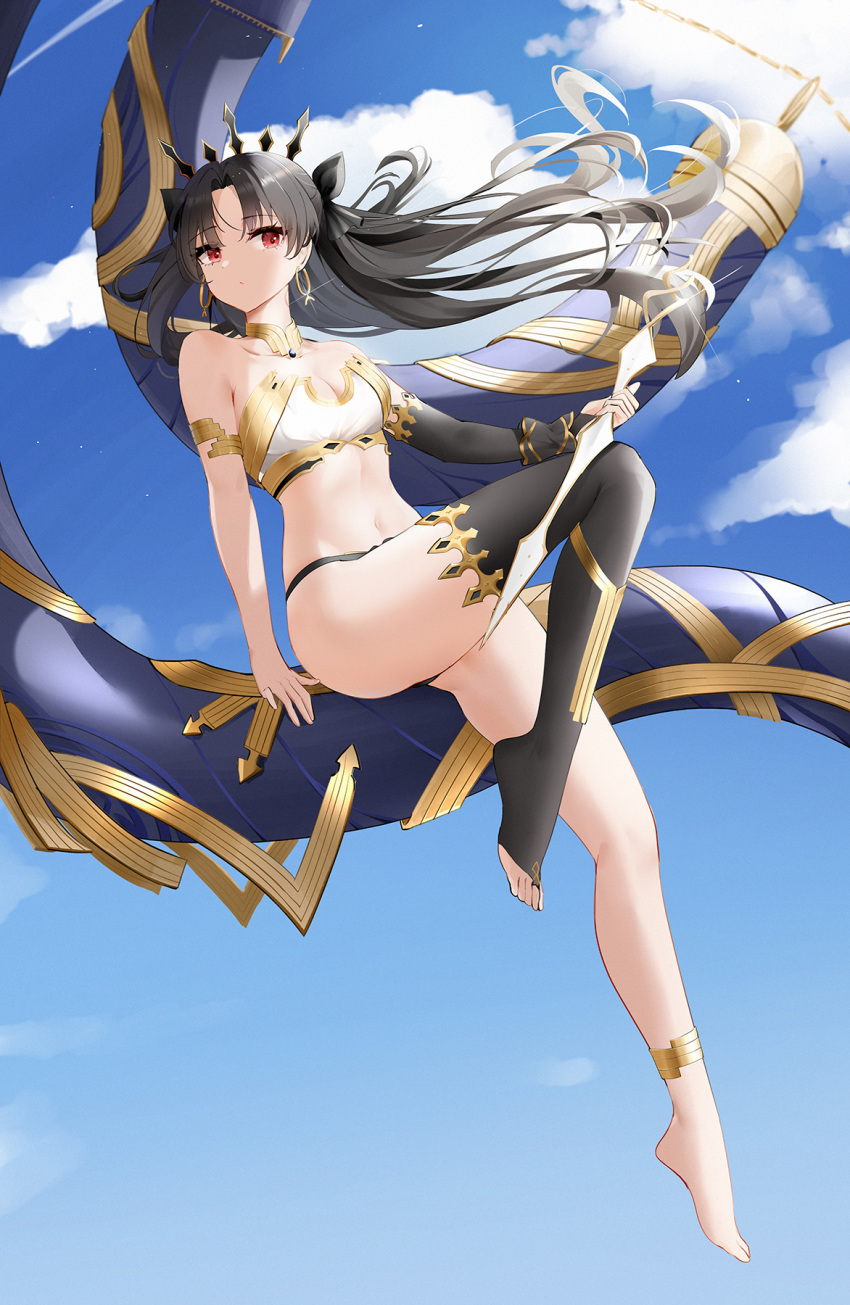 1girl :/ anklet armlet bangs bare_legs bare_shoulders barefoot bikini black_bikini black_hair black_thighhighs blue_sky breasts cleavage closed_mouth cloud earrings fate/grand_order fate_(series) feet floating_hair flying full_body gold_trim highres holding hoop_earrings ishtar_(fate) jewelry knee_up legs long_hair looking_at_viewer mismatched_bikini navel parted_bangs qing_wu red_eyes single_thighhigh sky small_breasts solo stomach swimsuit thighhighs toeless_legwear toes white_bikini