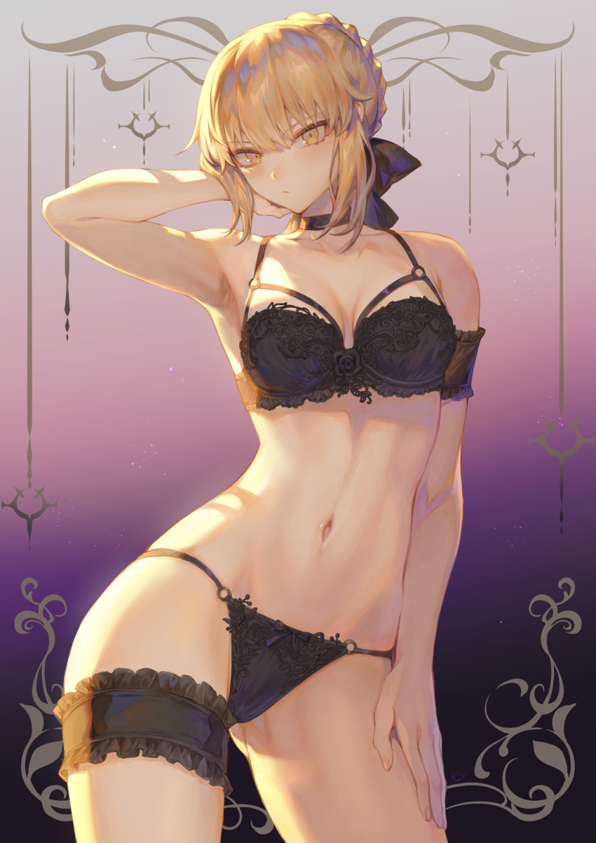 1girl arm_up armpits artoria_pendragon_(fate) black_bra black_choker black_panties blonde_hair bra breasts bridal_garter choker closed_mouth contrapposto fate/grand_order fate/stay_night fate_(series) hair_bun highres looking_at_viewer mashuu_(neko_no_oyashiro) medium_breasts navel panties saber_alter sidelocks solo stomach underwear underwear_only yellow_eyes