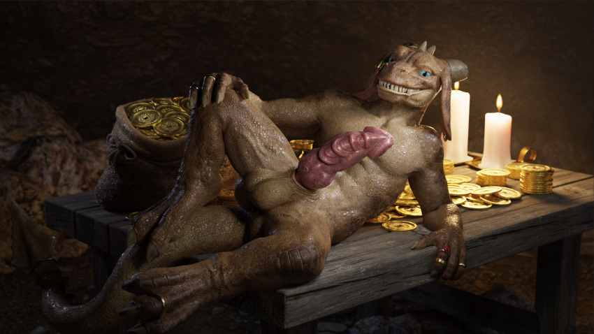 2022 anthro aquafreeze balls candle cave claws coin erection furniture genitals gold_(metal) gold_coin hi_res kobold looking_at_viewer lying male medallion nude on_back penis presenting presenting_penis reptile ring scalie solo spread_legs spreading table