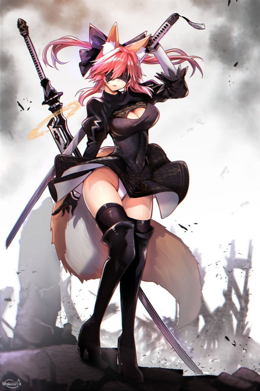 1girl animal_ears back_cutout black_blindfold black_bow blindfold boots bow breasts cleavage clothing_cutout cosplay covered_eyes fate/extella fate/extra fate_(series) feather-trimmed_sleeves floating floating_object floating_weapon fox_ears fox_girl fox_tail grey_sky hairband highres holding holding_weapon juliet_sleeves large_breasts leotard long_sleeves nier_(series) nier_automata outdoors pink_hair ponytail puffy_sleeves ruins smoke solo sword tail tamamo_(fate) tamamo_no_mae_(fate/extra) thigh_boots thighhighs thighhighs_under_boots thong_leotard virtuous_contract virtuous_treaty weapon white_leotard wisespeak yorha_no._2_type_b yorha_no._2_type_b_(cosplay)