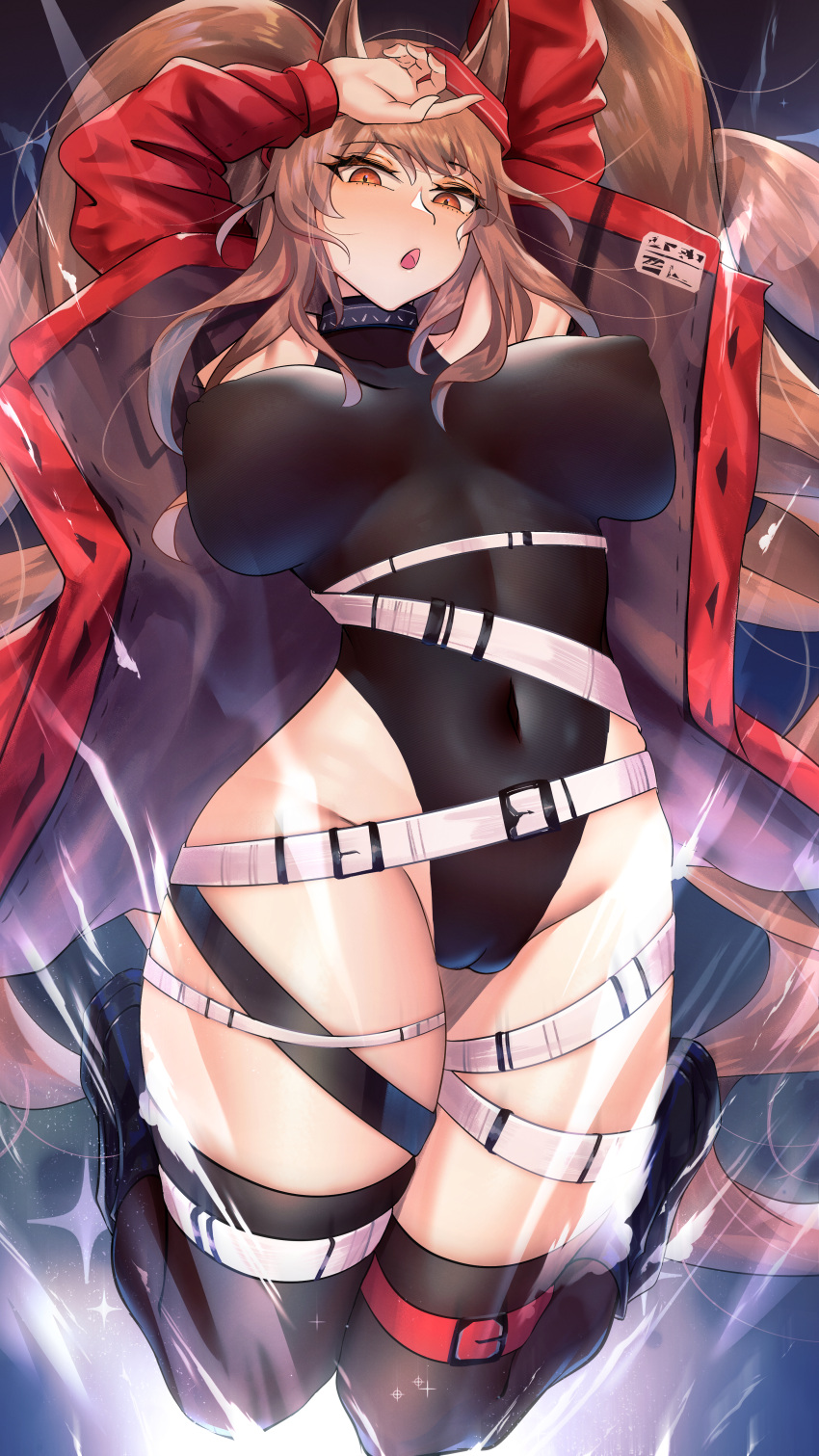 1girl :o absurdres angelina_(arknights) angelina_(distinguished_visitor)_(arknights) animal_ears arknights arms_up belt belt_buckle black_leotard black_thighhighs breasts brown_hair buckle cameltoe covered_navel covered_nipples fox_ears hairband highres impossible_clothes impossible_leotard jacket jumping large_breasts leotard long_hair long_sleeves looking_at_viewer official_alternate_costume open_clothes open_jacket open_mouth red_eyes red_hairband red_jacket skindentation solo sparkle thigh_strap thighhighs twintails very_long_hair zhait007
