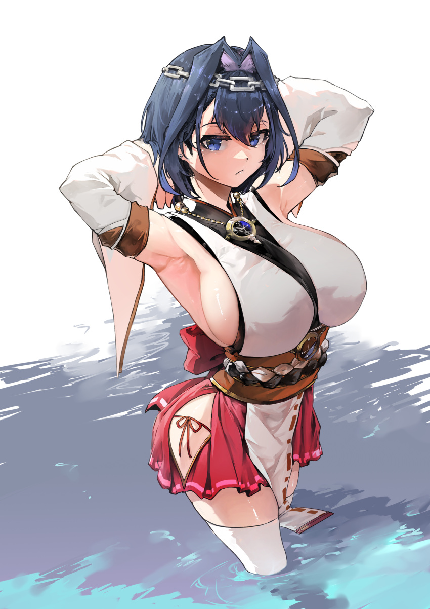1girl absurdres armpits bangs bare_shoulders bikini blue_eyes blue_hair blush breasts chain detached_sleeves earrings hair_intakes hair_ornament headband highres hololive hololive_english huge_breasts japanese_clothes jewelry looking_at_viewer miko nontraditional_miko obi ouro_kronii rope sash short_hair side-tie_bikini_bottom sideboob skirt solo swimsuit thighhighs virtual_youtuber vyragami wading water wide_sleeves