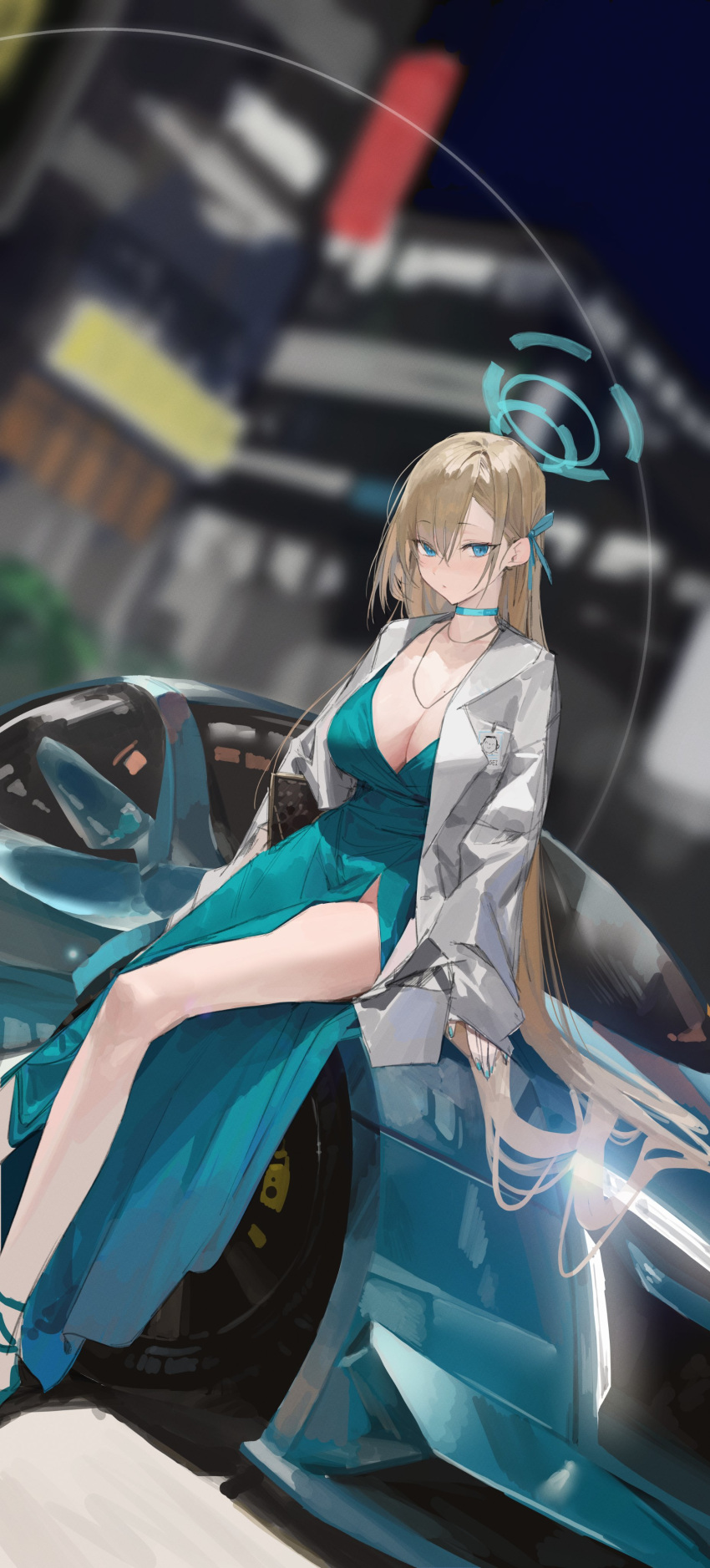 1girl a.t._zero absurdres alternate_costume asuna_(blue_archive) bangs bare_legs blue_archive blue_choker blue_dress blue_eyes blue_nails blue_ribbon blurry blurry_background blush breasts building car choker cleavage closed_mouth coat depth_of_field dress dutch_angle evening_gown feet_out_of_frame ground_vehicle hair_ribbon halo highres jewelry large_breasts legs light_brown_hair long_hair looking_at_viewer mole mole_under_mouth motor_vehicle nail_polish necklace night ribbon side_slit sidelocks sitting sleeves_past_wrists solo swept_bangs very_long_hair white_coat