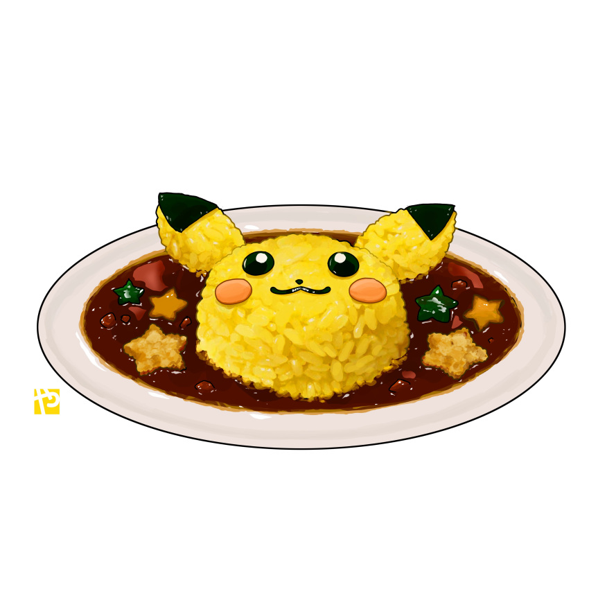 absurdres food food_focus highres no_humans pikachu plate pokemon rice star_(symbol) still_life studiolg watermark white_background