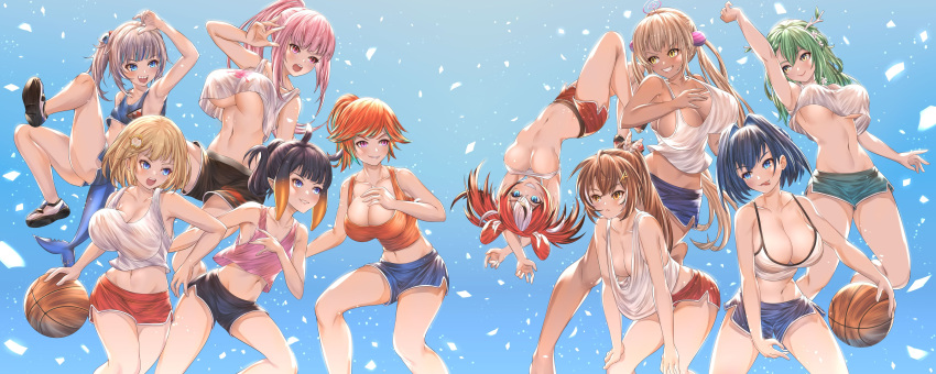 6+girls absurdres animal_ears arm_up bangs bare_legs basketball blonde_hair blue_eyes blunt_bangs blush bouncing_breasts breasts brown_hair ceres_fauna cleavage collarbone covered_nipples crop_top gawr_gura green_hair hair_ornament hairclip hakos_baelz highres holocouncil hololive hololive_english holomyth honkivampy huge_breasts jumping large_breasts linea_alba long_hair looking_at_another loose_clothes midriff mori_calliope mouse_ears multicolored_hair multiple_girls nanashi_mumei navel ninomae_ina'nis no_bra open_mouth orange_hair ouro_kronii pink_hair ponytail purple_eyes purple_hair revision sharp_teeth shoes short_hair short_shorts shorts side_ponytail sidelocks simple_background smile sneakers streaked_hair takanashi_kiara tank_top teeth tentacle_hair tsukumo_sana twintails unaligned_breasts underboob upside-down virtual_youtuber watson_amelia white_hair yellow_eyes