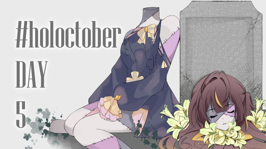 1girl airani_iofifteen_(artist) anya_melfissa bangs blonde_hair bow breasts flower hand_on_own_thigh hashtag headless hololive hololive_indonesia long_hair multicolored_hair patchwork_skin simple_background sitting sleeping solo tombstone torn_clothes virtual_youtuber wariza zombie