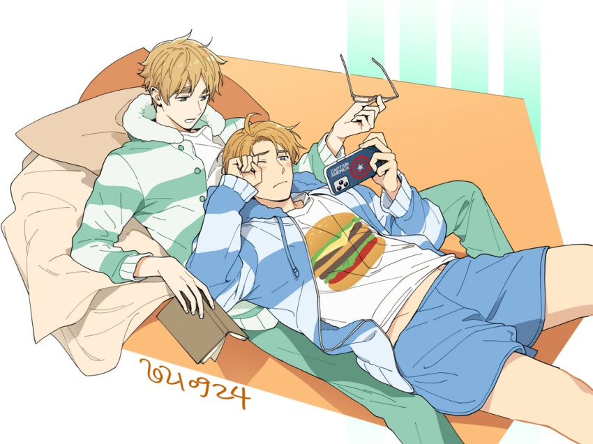 2boys ahoge alternate_costume america_(hetalia) axis_powers_hetalia blanket blonde_hair blue_eyes blue_shorts book captain_america casual cellphone dated eyewear_removed green_eyes green_pants holding holding_book holding_eyewear holding_phone hood hoodie invisible_chair looking_at_another looking_at_phone lying lying_on_person multiple_boys on_back pants phone rubbing_eyes shirt shorts sitting smartphone striped striped_hoodie t-shirt thick_eyebrows to@st united_kingdom_(hetalia) white_background white_shirt