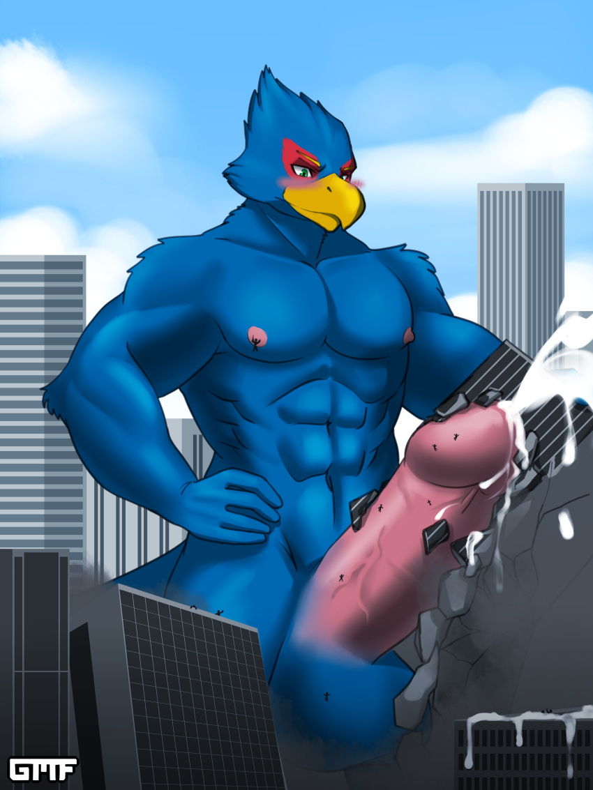 3:4 absurd_res avian balls big_penis bird blue_body blush bodily_fluids building city crush cum cum_on_ground cum_on_penis destruction erection falco_lombardi gasmaskfox genital_fluids genitals hi_res macro nintendo penis star_fox video_games worship