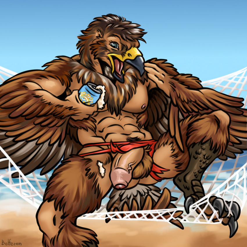 accipitrid accipitriform alcohol anthro avian balls beach beer belfezon beverage beverage_can bird clothing eagle exposed flaccid foreskin genitals hammock hi_res male muscular nipples penis pubes seaside solo thong torn_clothing transformation underwear vein veiny_penis