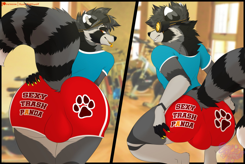 2022 anthro big_butt bottomwear bulge butt butt_grab clothed clothing digital_media_(artwork) girly gyan_nightwolf gym_bottomwear gym_clothing gym_shorts hand_on_butt hi_res looking_at_viewer looking_back male mammal open_mouth presenting presenting_hindquarters procyonid raccoon rear_view shanukk shirt shorts simple_background smaller_version_at_source smile solo spread_butt spread_legs spreading thick_thighs tight_bottomwear tight_clothing tight_shorts tongue tongue_out topwear
