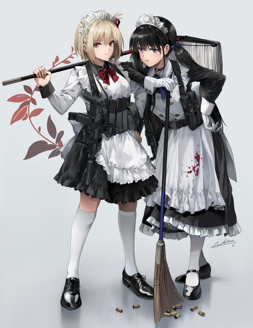 2girls alternate_costume apron belt black_choker black_dress black_footwear black_hair blonde_hair blood blood_on_clothes bow bowtie broom choker dress dress_shoes elbow_rest enmaided frilled_apron frilled_dress frills full_body gloves grey_background gun h&amp;k_mp5k h&amp;k_mp7 heckler_&amp;_koch highres holding holding_broom holding_mop inoue_takina kneehighs leaning_on_person long_hair lycoris_recoil magazine_(weapon) maid maid_apron maid_headdress mary_janes mop multiple_girls neko_(yanshoujie) nishikigi_chisato purple_eyes red_bow red_bowtie red_eyes revision shell_casing shoes short_hair signature simple_background socks standing submachine_gun twintails weapon weapon_request white_apron white_gloves white_socks