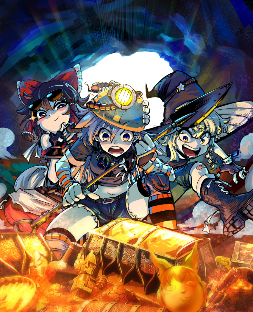 3girls black_footwear black_gloves black_headwear black_shirt blonde_hair boots bow braid brown_eyes brown_hair closed_mouth denim denim_shorts eyewear_on_head fingerless_gloves gloves hair_bow hair_tubes hakurei_reimu hardhat hat helmet heran_hei_mao highres himemushi_momoyo kirisame_marisa looking_at_viewer multiple_girls open_mouth red_bow shirt shorts shovel side_braid single_braid smile star_(symbol) sunglasses teeth touhou treasure upper_teeth witch_hat