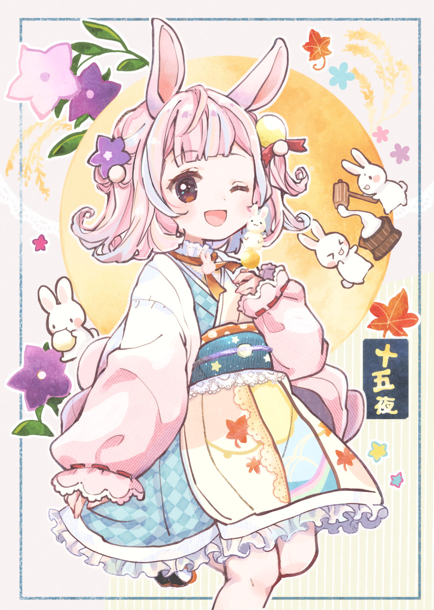 1girl ;d animal animal_ears bangs blush brooch brown_eyes bunny_ornament dango dress flipped_hair flower food frilled_dress frills hacosumi hair_flower hair_ornament high_collar highres holding holding_food japanese_clothes jewelry leaf long_sleeves maple_leaf moon neck_ribbon obi one_eye_closed open_mouth original pink_hair rabbit rabbit_ears rabbit_girl ribbon ribbon-trimmed_sleeves ribbon_trim sash short_hair smile solo standing standing_on_one_leg tsukimi tsukimi_dango wagashi