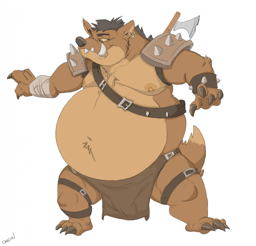 2022 3_toes 4_fingers anthro axe bandage bandaged_arm belly belt big_belly bottomwear bracelet canson chubby_anthro chubby_male claws clothing ear_piercing ear_ring fangs feet fingers fur gnoll hair hi_res hyaenid jewelry leg_belt legband loincloth male mammal melee_weapon mostly_nude navel nipple_piercing nipples overweight overweight_anthro overweight_male piercing raised_tail ring_piercing shoulder_pads slightly_chubby solo spiked_bracelet spiked_shoulderpads spikes spread_legs spreading standing toe_claws toes weapon