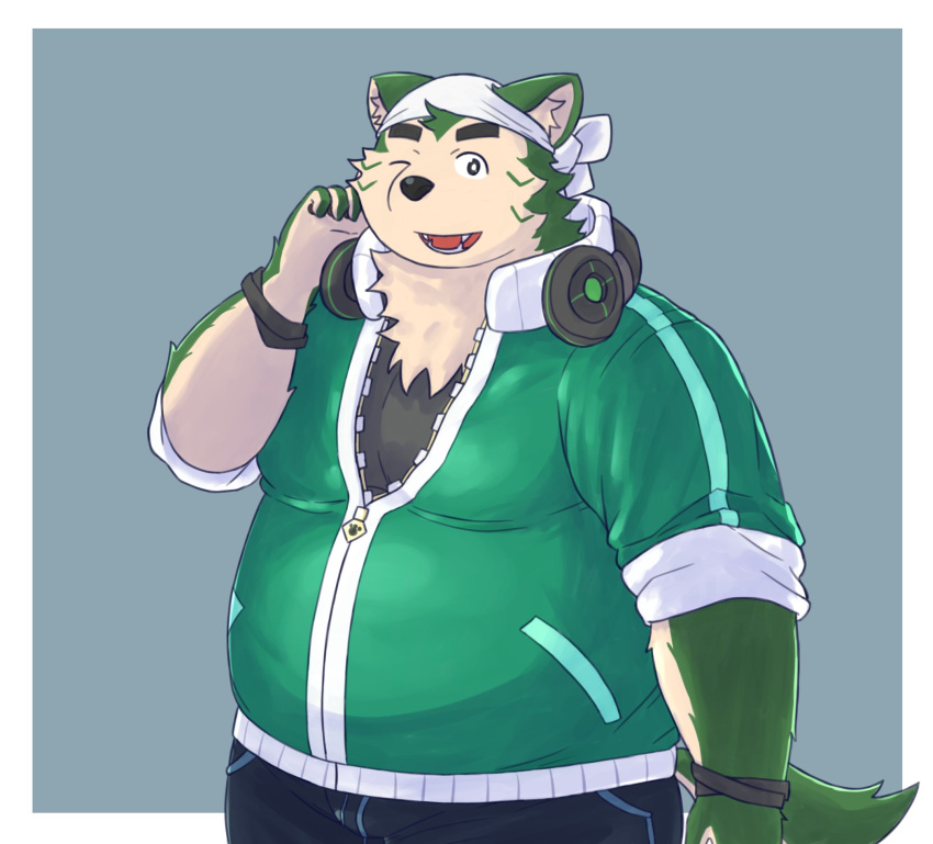 2022 anthro bari_mu belly big_belly black_nose bottomwear canid canine canis clothing domestic_dog green_body headphones headphones_around_neck hi_res humanoid_hands kemono lifewonders live-a-hero male mammal mokdai one_eye_closed overweight overweight_male pants shirt simple_background solo topwear video_games wink