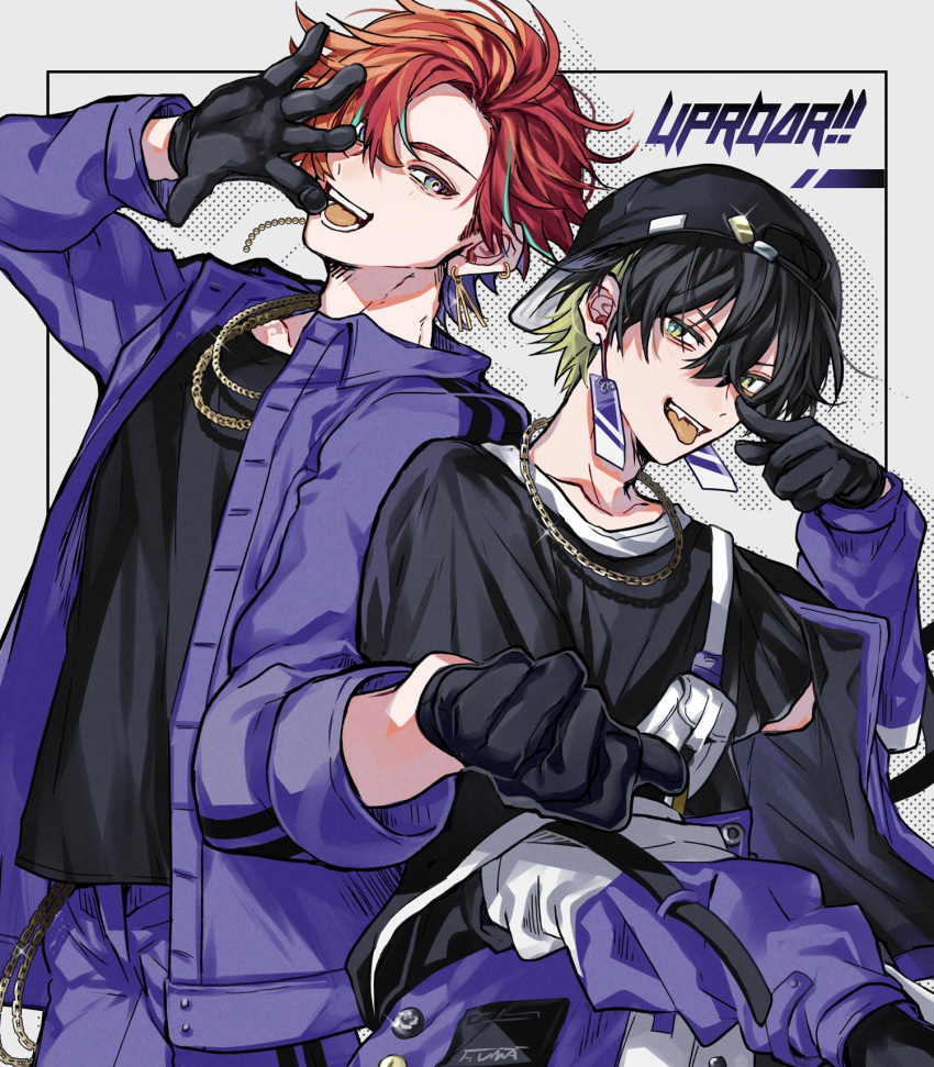2boys :d aqua_eyes aqua_hair backwards_hat bangs baseball_cap belt_chain black_gloves black_hair black_headwear black_shirt blonde_hair chain_necklace clenched_hand cowboy_shot earrings fangs fanny_pack gloves grey_background group_name hair_between_eyes hand_up hat hat_pin highres hizaki_gamma holostars index_finger_raised jacket jewelry junjam looking_at_viewer male_focus multicolored_hair multiple_boys necklace off_shoulder official_alternate_costume open_hand orange_hair pants parted_bangs purple_hair purple_jacket purple_pants red_hair shirt short_hair smile streaked_hair teeth tongue tongue_out two-tone_hair virtual_youtuber yatogami_fuma