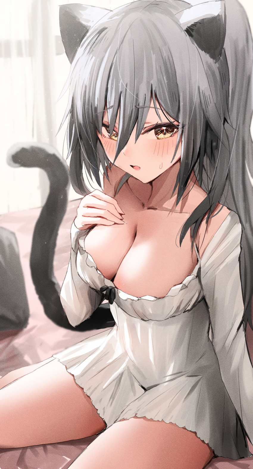 1girl absurdres animal_ears arknights bangs bed_sheet breasts cat_ears cat_girl cat_tail cleavage collarbone curtains dress grey_hair hair_between_eyes hand_on_own_chest highres indoors large_breasts long_hair long_sleeves looking_at_viewer off_shoulder on_bed open_mouth raw_egg_lent schwarz_(arknights) single_bare_shoulder sitting solo tail wariza white_dress yellow_eyes