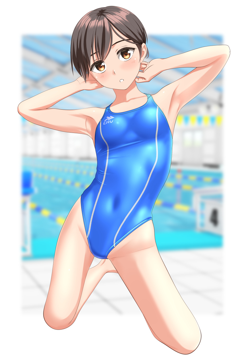1girl absurdres arms_behind_head black_hair blue_one-piece_swimsuit blurry blurry_background breasts brown_eyes commentary_request competition_swimsuit covered_navel full_body highres kneeling looking_at_viewer one-piece_swimsuit original parted_lips pool short_hair small_breasts solo swimsuit takafumi