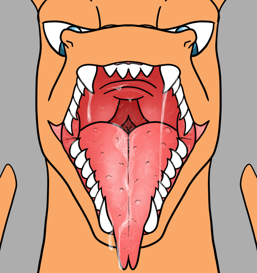 ambiguous_gender anthro blue_eyes bodily_fluids charizard dragon eye_contact fangs first_person_view forked_tongue generation_1_pokemon hi_res looking_at_another mouth_shot nintendo open_mouth orange_body pokemon pokemon_(species) randompasserbyer saliva saliva_on_tongue saliva_string solo tastebuds teeth tongue tongue_out video_games vore