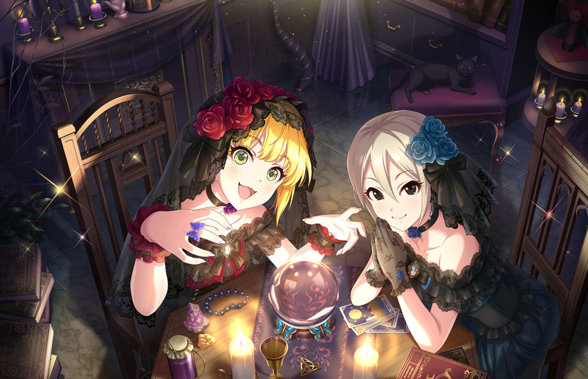 2girls :3 animal artist_request bangs bare_shoulders black_cat black_dress black_eyes black_gloves blonde_hair blue_flower blue_rose blush candle cat choker crystal_ball dress earrings eyelashes flower gloves grey_hair hair_between_eyes hair_flower hair_ornament idolmaster idolmaster_cinderella_girls idolmaster_cinderella_girls_starlight_stage indoors jewelry lace lace_gloves looking_at_viewer miyamoto_frederica multiple_girls off_shoulder official_art open_mouth parted_bangs red_flower red_rose ring rose shiomi_syuko short_hair sitting sleeveless sleeveless_dress smile table veil