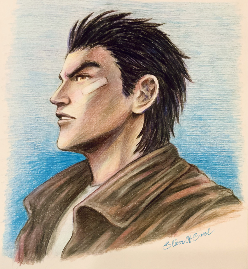 1boy absurdres bandage_on_face bandages black_hair blue_background border brown_eyes brown_jacket collared_jacket from_side graphite_(medium) hazuki_ryou highres jacket leather leather_jacket parted_lips profile shenmue shirt sideburns signature sketch sliverofsand spiked_hair t-shirt thick_eyebrows traditional_media white_border white_shirt