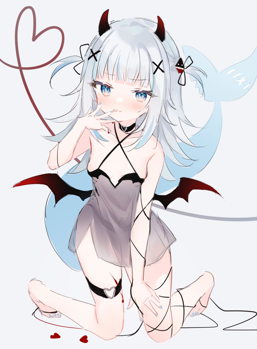 1girl absurdres bare_shoulders barefoot black_choker blue_eyes blue_hair blue_nails blush choker covered_navel demon_girl demon_horns demon_wings dress fish_tail full_body gawr_gura grey_dress hair_ornament halterneck hand_up heart heart_choker heart_o-ring highres hololive horns kneeling licking licking_finger multicolored_hair panties see-through shark_girl shark_hair_ornament shark_tail shouu-kun sleeveless sleeveless_dress solo streaked_hair tail thigh_strap thighs tongue tongue_out underwear virtual_youtuber white_hair wings