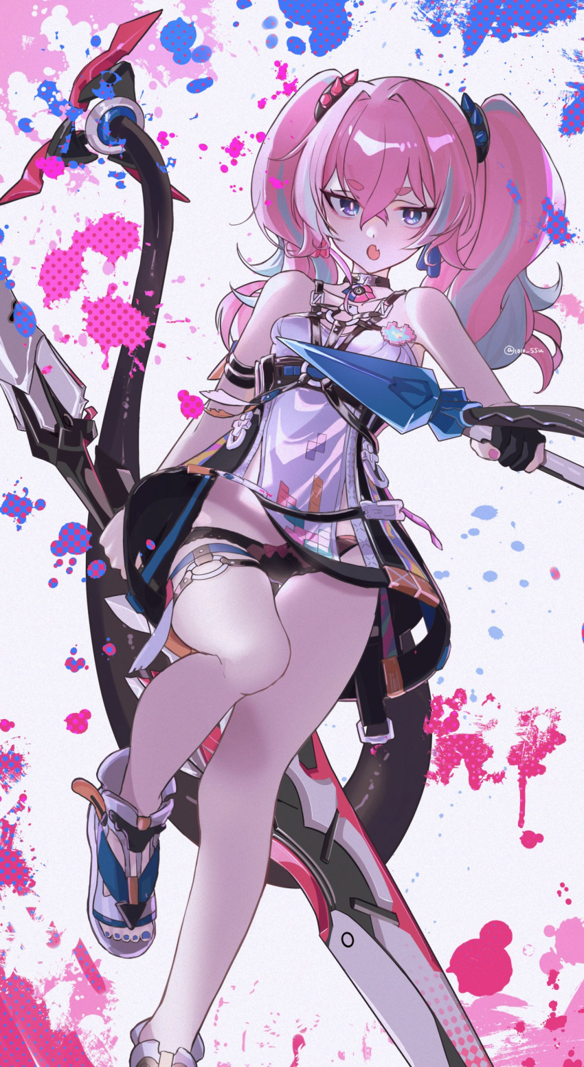 1girl absurdres arin_(1010_ssu) bangs bare_shoulders choker crossed_bangs fangs hair_ornament highres holding holding_weapon honkai_(series) honkai_impact_3rd leg_up looking_at_viewer o-ring_thigh_strap official_alternate_costume open_mouth paint_splatter pink_hair rozaliya_olenyeva_(fervent_tempo) skin_fangs solo tail thighs weapon