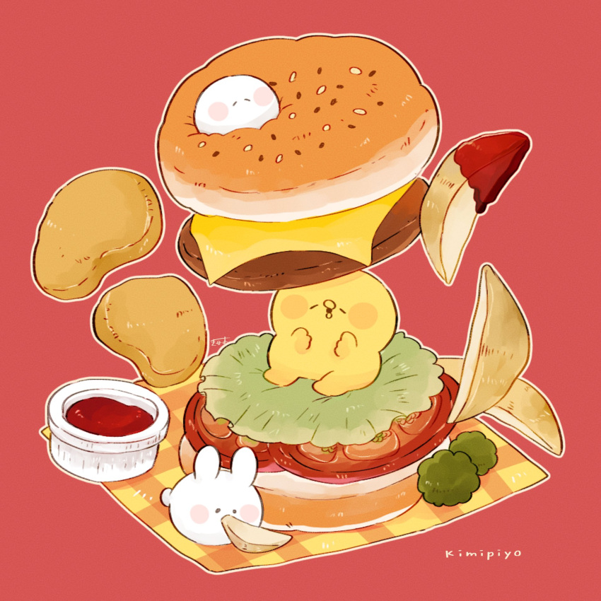 3others bird blush_stickers burger character_name cheese chick chicken chicken_nuggets creature english_text food food_focus highres ketchup kimipiyo_(tenmiyakiyo) lettuce meat multiple_others napkin no_humans on_food original oversized_food plaid potato_wedges rabbit red_background sesame_seeds sitting tenmiyakiyo tsubumaru_(tenmiyakiyo) usachii_(tenmiyakiyo)