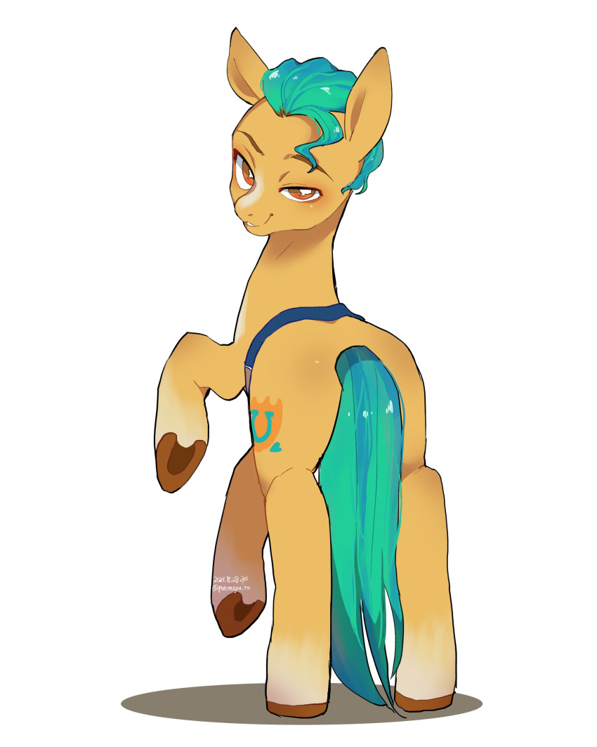 absurd_res blush cutie_mark digital_media_(artwork) dipstick_ears earth_pony equid equine eyebrows feral green_mane green_tail hasbro hi_res hitch_trailblazer_(mlp) hooves horse looking_at_viewer looking_back looking_back_at_viewer male mammal mane mlp_g5 multicolored_ears my_little_pony orange_eyes pony potetecyu_to signature simple_background smile solo white_background yellow_body