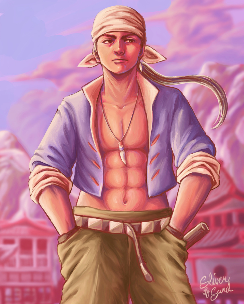 1boy abs absurdres architecture bandana belt black_hair blue_shirt blurry blurry_background brown_eyes chinese_clothes cloud cloudy_sky east_asian_architecture expressionless green_pants hands_in_pockets highres jewelry knife knife_holster long_hair looking_to_the_side mountain mountainous_horizon muscular muscular_male navel necklace outdoors pants pectorals ponytail purple_sky ren_wu_ying shenmue shenmue_iii shirt sideburns signature sketch sky sleeves_rolled_up sliverofsand solo sunset tooth_earrings tooth_necklace two-sided_fabric white_bandana