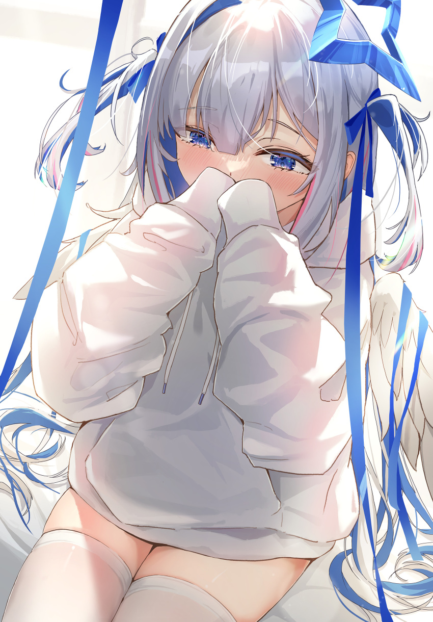 1girl absurdres amane_kanata angel angel_wings asymmetrical_hair blue_hair blue_ribbon blush colored_inner_hair feathered_wings grey_hair halo hands_on_own_face hands_up highres hololive hood hoodie juu_p long_hair long_sleeves looking_down multicolored_hair puffy_long_sleeves puffy_sleeves red_hair ribbon sidelocks single_hair_intake sitting solo star_halo streaked_hair thighhighs thighs very_long_hair virtual_youtuber white_hoodie white_thighhighs white_wings wings zettai_ryouiki