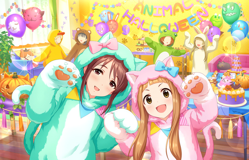 6+girls animal_costume artist_request balloon bangs bear_costume bird_costume blonde_hair blunt_bangs blush bow brown_eyes brown_hair cake child cosplay couch day faceless faceless_female female_child food frog_costume fukuyama_mai halloween_costume ichihara_nina idolmaster idolmaster_cinderella_girls idolmaster_cinderella_girls_starlight_stage indoors kigurumi looking_at_viewer mifune_miyu multiple_girls official_art open_mouth orange_hair party paw_pose paw_print pumpkin rabbit_costume ryuzaki_kaoru sakurai_momoka short_hair smile standing sunlight table yokoyama_chika