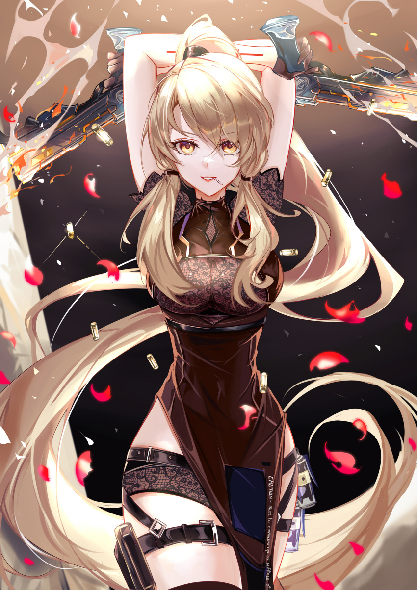 1girl absurdres ammunition arms_up blonde_hair breasts brown_dress candy cleavage dress food grin gun highres holding holding_gun holding_weapon lace large_breasts lock long_hair looking_at_viewer ponytail samir_(tower_of_fantasy) simple_background smile tower_of_fantasy underwear vardan very_long_hair weapon yellow_eyes