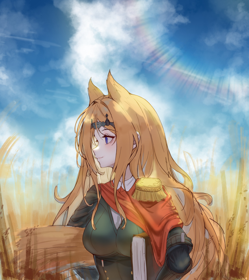 1girl animal_ears archetto_(arknights) arknights black_dress blonde_hair blue_eyes blue_sky blush book breasts cape circlet closed_mouth cloud day dress epaulettes field highres holding holding_book large_breasts lens_flare lilac_(k32420276) long_hair looking_away looking_to_the_side outdoors red_cape sky smile solo upper_body very_long_hair wheat wheat_field