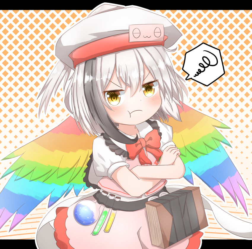 1girl :t black_hair closed_mouth collared_shirt commentary_request coruthi cowboy_shot crossed_arms frills hat highres hollow_song_of_birds multicolored_hair neck_ribbon pink_shorts pink_vest pout puffy_short_sleeves puffy_sleeves rainbow_wings red_ribbon ribbon shirt short_hair short_sleeves shorts solo torisumi_horou touhou vest white_hair white_headwear white_shirt wings yellow_eyes