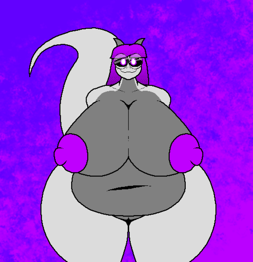 2022 absurd_res anthro areola bangs belly big_belly big_breasts big_nipples black_sclera blunt_bangs breasts curvy_figure deep_navel digital_media_(artwork) dragon eyelashes eyewear female freckles genitals glasses gradient_background grey_body hair hi_res horn huge_breasts huge_hips huge_thighs illuminion_(artist) long_hair navel nipples nude overweight overweight_anthro overweight_female pupils purple_areola purple_eyes purple_hair purple_nipples pussy saphy_magistralis scalie simple_background smile solo standing thick_thighs voluptuous white_pupils wide_hips wingless_dragon