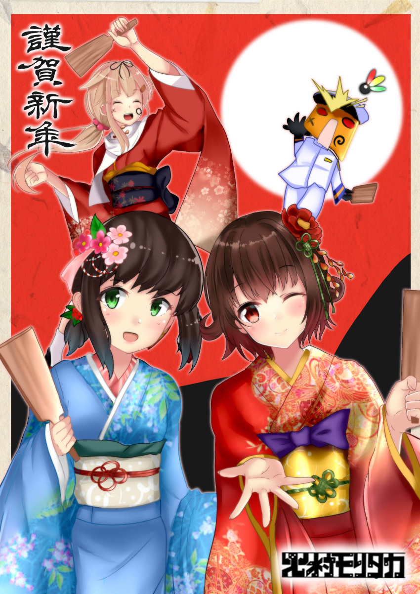 1boy 3girls absurdres admiral_(kancolle) alternate_costume black_hair blue_kimono brown_hair commentary_request cowboy_shot drawing_on_another's_face flower fubuki_(kancolle) gradient_hair green_eyes hagoita hair_flaps hair_flower hair_ornament hanetsuki highres himura_moritaka japanese_clothes kantai_collection kimono long_hair looking_at_viewer low_ponytail multicolored_hair multiple_girls mutsuki_(kancolle) one_eye_closed paddle ponytail red_eyes red_hair red_kimono scarf short_hair short_ponytail sidelocks white_scarf yuudachi_(kancolle) yuudachi_kai_ni_(kancolle)