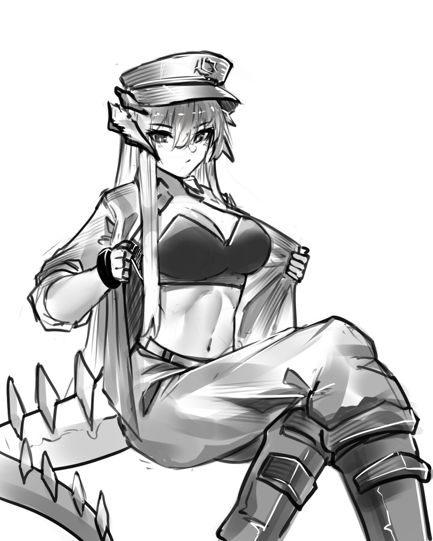 1girl absurdres arknights boots bra breasts cleavage commentary_request feet_out_of_frame greyscale hat highres horns jacket large_breasts long_hair monochrome najashi navel official_alternate_costume open_clothes open_jacket pants peaked_cap saria_(arknights) saria_(the_law)_(arknights) simple_background sitting solo stomach strapless strapless_bra tail underwear very_long_hair white_background