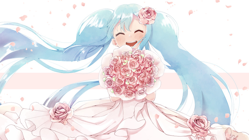 1girl :d absurdres bangs blue_hair blush bouquet closed_eyes commentary dress dress_flower falling_petals flower hair_flower hair_ornament hatsune_miku highres holding holding_bouquet holding_flower long_hair open_mouth oyama0_43 petals rose smile solo twintails very_long_hair vocaloid wedding wedding_dress wind