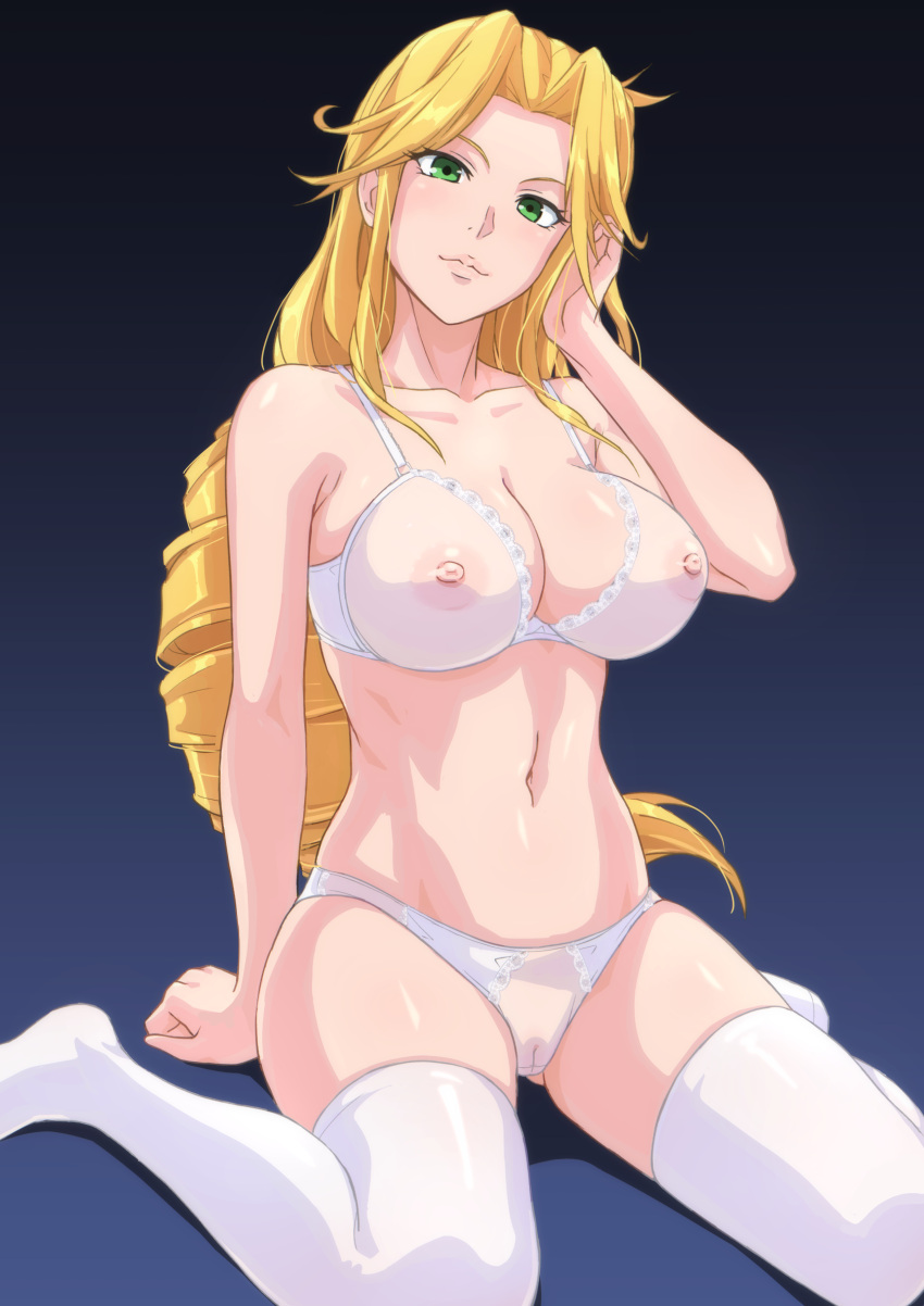 1girl absurdres bangs blonde_hair blue_background bra breasts cameltoe cleft_of_venus closed_mouth collarbone commission covered_nipples drill_hair green_eyes hand_up head_tilt highres honma0220 lace-trimmed_bra lace-trimmed_panties lace_trim lakyus_alvein_dale_aindra large_breasts lips long_hair looking_at_viewer navel nipples overlord_(maruyama) panties parted_bangs pixiv_request pussy revision see-through see-through_bra see-through_panties sitting solo stomach thighhighs underwear underwear_only very_long_hair wariza white_bra white_panties white_thighhighs