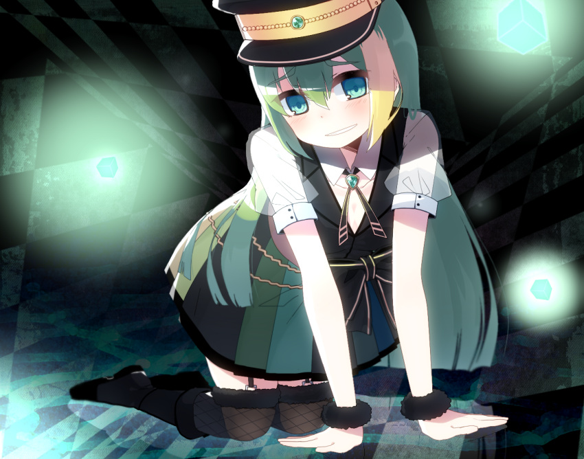 1girl alina_gray all_fours amane_hikari aqua_eyes black_bow black_footwear black_headwear black_necktie black_thighhighs black_vest blunt_ends blush boots bow breasts brooch chain collar cross_tie detached_collar fishnet_thighhighs fishnets fold-over_boots fur-trimmed_thighhighs fur_cuffs fur_trim garter_straps gem green_gemstone green_hair hair_between_eyes hat jewelry lapels long_hair magia_record:_mahou_shoujo_madoka_magica_gaiden magical_girl mahou_shoujo_madoka_magica miniskirt multicolored_clothes multicolored_hair multicolored_skirt necktie notched_lapels peaked_cap pleated_skirt puffy_short_sleeves puffy_sleeves see-through see-through_sleeves short_sleeves sidelocks skirt sleeve_cuffs small_breasts smile solo straight_hair streaked_hair striped striped_skirt thighhighs v-neck vertical-striped_skirt vertical_stripes very_long_hair vest waist_bow white_collar white_sleeves