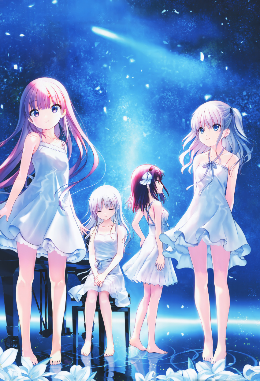 4girls absurdres angel_beats! arms_behind_back bangs bare_legs barefoot blue_eyes bow breasts brown_hair charlotte_(anime) closed_eyes closed_mouth collarbone dress floating_hair full_body hair_between_eyes hair_bow hairband halterneck hand_on_hip highres kamisama_ni_natta_hi layered_dress long_hair looking_at_viewer multiple_girls nakamura_yuri outdoors pink_hair profile purple_eyes satou_hina_(kamisama_ni_natta_hi) short_dress side_ponytail sitting sky sleeveless sleeveless_dress small_breasts smile standing star_(sky) starry_sky tachibana_kanade tomori_nao white_bow white_dress white_hair